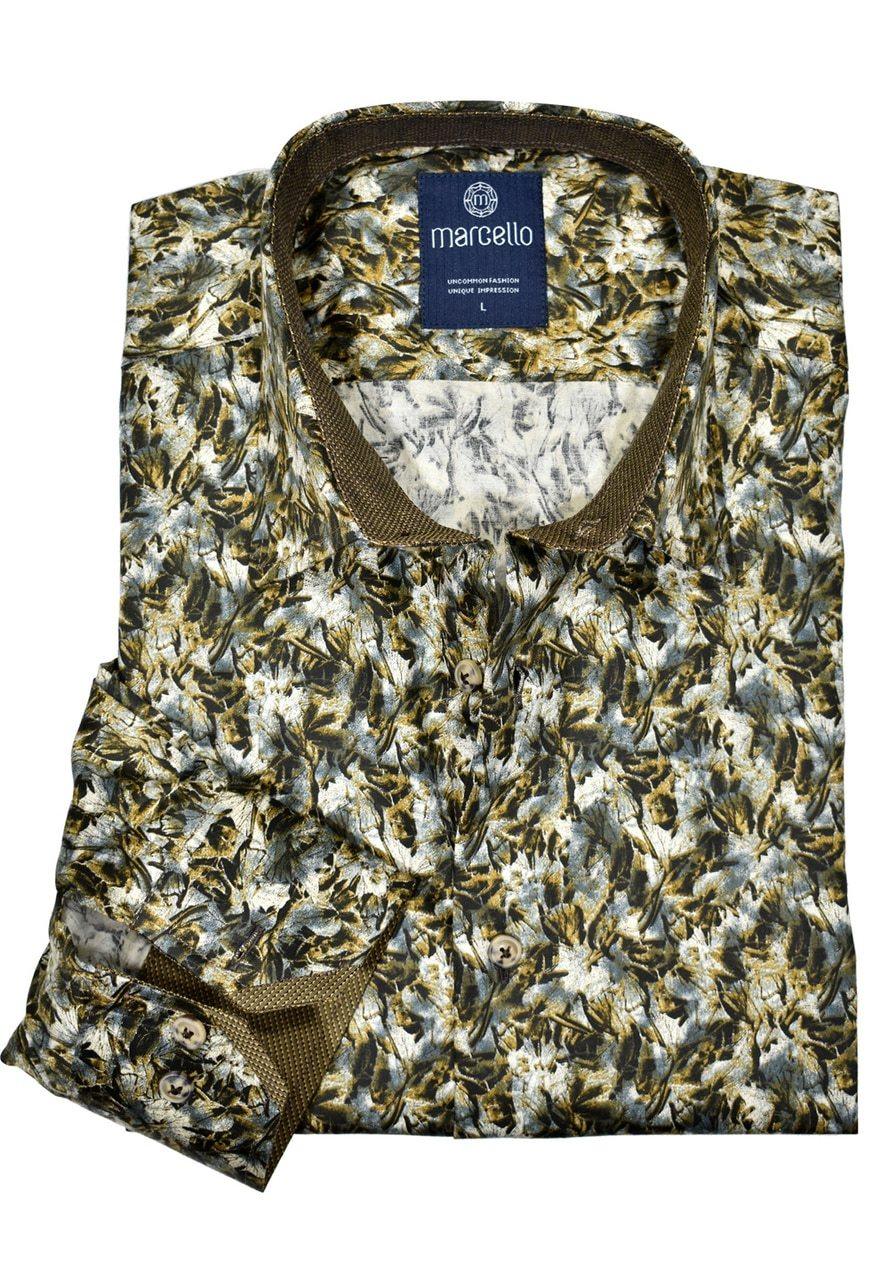Uniquely styled abstract print mixing Earth tones. Will work perfectly with different colored bottoms and will set you apart from the crowd. Medium collar, royal oxford gold trim fabric and a classic shaped fit. Cotton.  Complimentary colors and smart trim fabric. Hidden button down collar. 100% Cotton Classic Shaped fit.